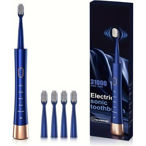 Brosse à dents électrique  IPX7, charge rapide de 2 heures avec rappel intelligent de l'heure, 5 modes, 4 têtes de brosse, voyage, intérieur, extérieur, bleu (1/5)