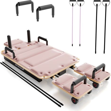 Pilates Reformer Board Movea Rosa Attrezzo fitness pieghevole per un allenamento che occupa poco spazio, con 6 fasce elastiche incluse (1/2)