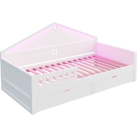 Kinderbett 90x200 cm mit LED, 2 Schubladen und Lattenrost aus weißem Holz MODENUIT (1/5)