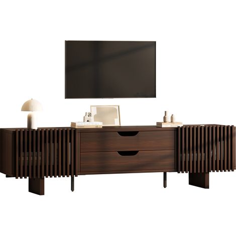 Meuble de rangement pour téléviseurs, dimensions : 180×40×45 cm. Structure en bois de noyer, couleur foncée. Comprend deux compartiments et des portes uniques. Idéal pour les téléviseurs jusqu’à 75 po (1/5)