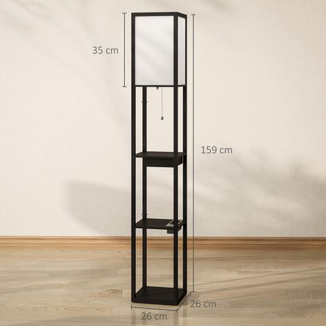 Lampadaire avec étagère à 3 niveaux, interrupteur au pied, ports USB, MDF, noir (1/5)