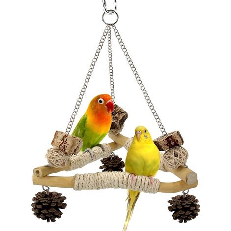 Jouet Balançoire pour Oiseaux avec Cordes à Mâcher, 3 Perches en Sisal Naturel, Design Triangle Stable et Accessoires en Bois Suspendus, Compatible Perruche, Calopsitte, Inséparable et Conure (1/4)
