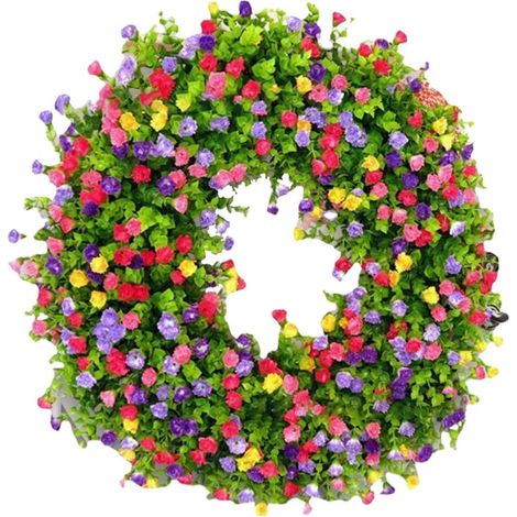 Couronne de fleurs colorées de printemps/été de 30 cm, couronne de porte d'entrée, couronne de fleurs artificielles colorées, couronnes de fleurs de vigne naturelles d'intérieur, décoration d'intérieu (1/5)
