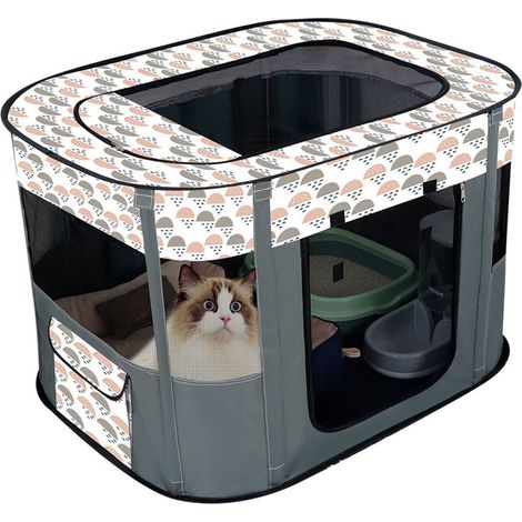 Niche pliable pour chat et lucarne amovible, respirante, pour salle d'accouchement, parc pour chien, fournitures pour animaux de compagnie, XL 110x85x60cm / 43.3x33.5x23.6in, gris (1/5)