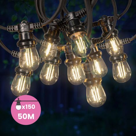 Guirlande Guinguette 50M 150 Bulbes Filament Blanc Chaud - Guirlande Lumineuse Ampoule E27 Transparente - Guirlande Guinguette Led Filament rétro (1/5)