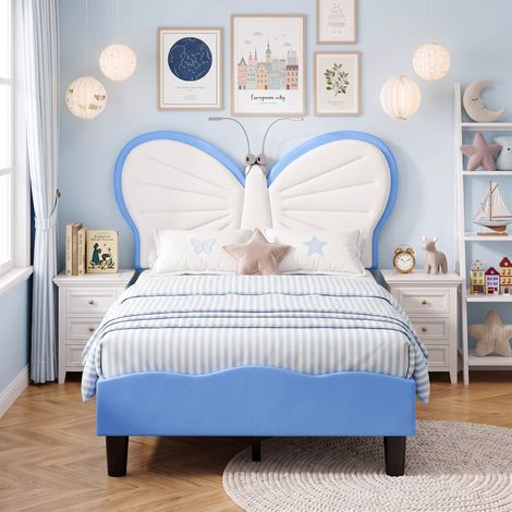 Superaly - Lit simple capitonné 90x200 cm - Tête de lit forme papillon - Avec 2 liseuses - Tête de lit réglable en hauteur - Sommier à lattes - Lit fille - Velours - Bleu (1/5)