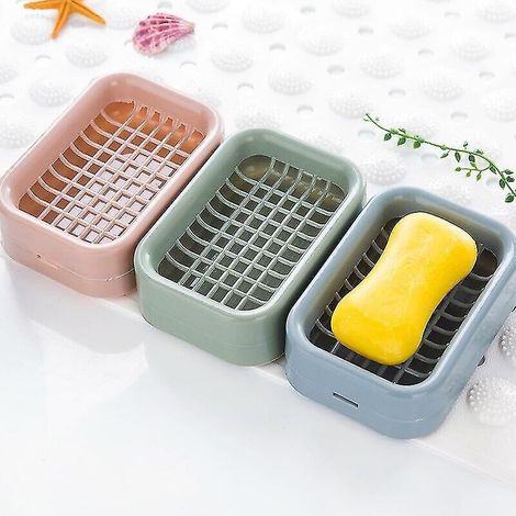 3er-Set doppelwandige Seifenschalen – Schwammhalter für Bad und Küche mit Abflussbürste (1/4)