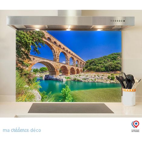 Fond de hotte : L'aqueduc à trois étages du Pont du Gard - Verre trempé - 90 cm - 60 cm (1/5)