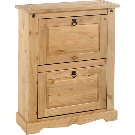 Idimex – Meuble à chaussures en pin massif – 2 abattants avec séparation – Finition cirée/coloris antique – Pour 8 paires de chaussures (1/4)