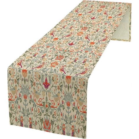 Chemin de table floral William Morris, chemin de table en lin imprimé de fleurs vintage, style bohème, avec oiseaux et motifs botaniques, pour la table de la cuisine ou de la salle à manger. (1/5)