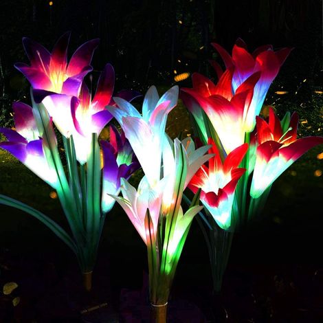 Solar Lights Outdoor, 3 Pack Solar Garden Lights with 12 Lily Flowers LED Bulbs Decoration for Patio Landscape Driveway (1/5)