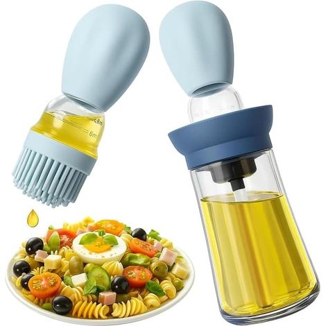 Flacon à huile en silicone 2 en 1 wxsp - Distributeur d'huile de 250 ml pour la cuisine - Verre épais avec pinceau résistant à la chaleur - Rouge - Cuisine et grillades saines (1/5)
