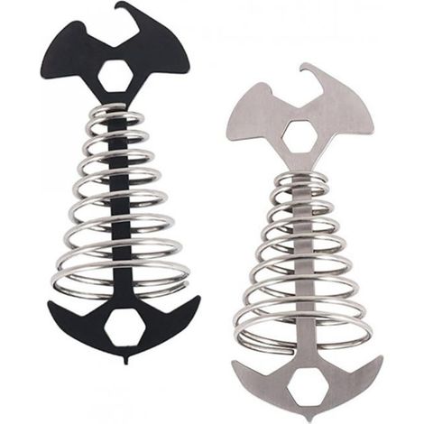 A set of two sturdy and durable tent pegs with telescopic springs, made of stainless steel, suitable for camping. (1/5)