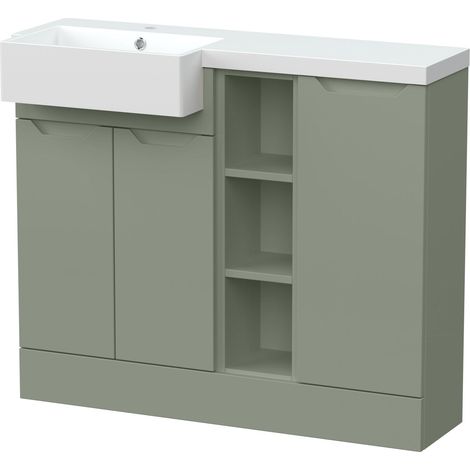 Teddesley Floor Standing Compact 3 Door Combination Vanity Basin Unit with Open Shelves and Basin, 1000mm, Left Hand, Fern Green