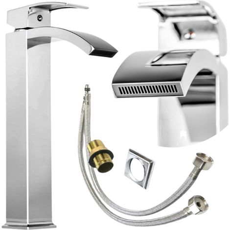 Rubinetto per lavabo da bagno, cromato, alto, da appoggio, argento (1/5)