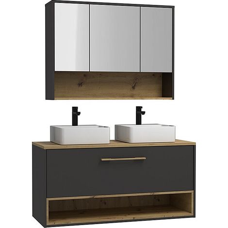 Mobile per bagno sospeso con lavabo doppio da appoggio e armadietto bagno - 120 cm - Antracite - YANGRA