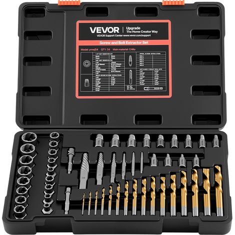 VEVOR Juego de Extractor de Tuercas y Tornillos Dañados 54 Piezas, con Brocas para Taladro, Adaptadores y Estuche de Almacenamiento, Acero 41xx, Herramientas para Sacar Pernos Rotos Oxidados Pintados (1/5)