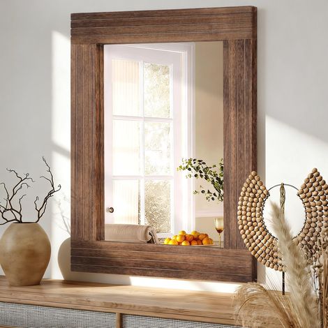 Miroir en Bois Rectangulaire Encadré Miroirs Rustiques Décor Farmhouse Salle de Bains Rustique Miroir pour Dressing Entrée Grand 30 x 40CM Marron (1/5)