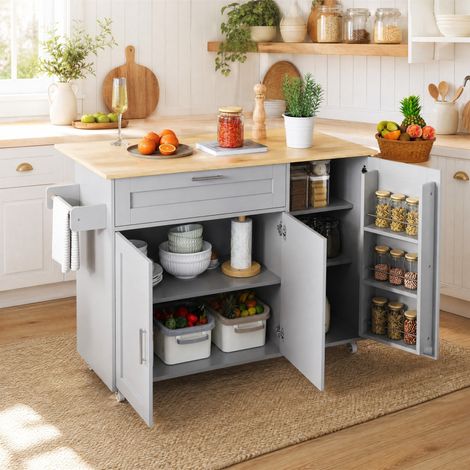 MEUBLIV Chariot de cuisine 132,5 x 44(70) x 90 cm gris – plateau rabattable (1/5)