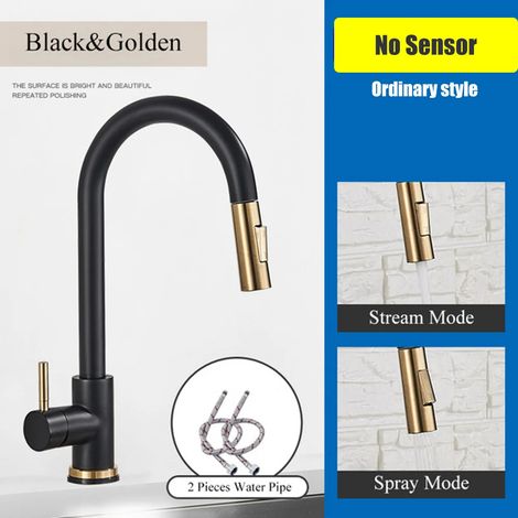 Robinet de cuisine (Noir mat et or) en nickel brossé, double fonction, mitigeur extractible, eau chaude et froide, robinet de lavabo à poignée unique, montage sur plage. (1/5)