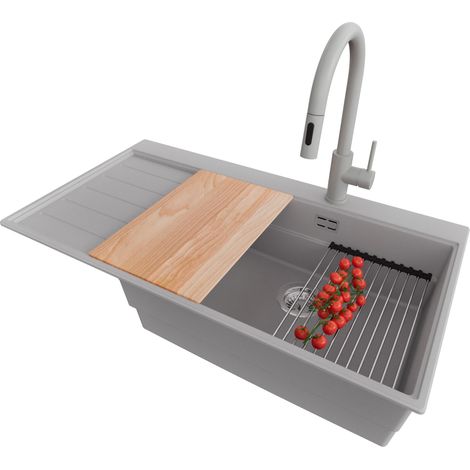 PRIMAGRAN Evier Cuisine en Granit 90x50cm,Lavabo 1 bac + Robinet 40x20cm + Kit de Vidage + Accessoires, Évier à Encastrer au meuble 60cm - Sydney, Gris (1/5)