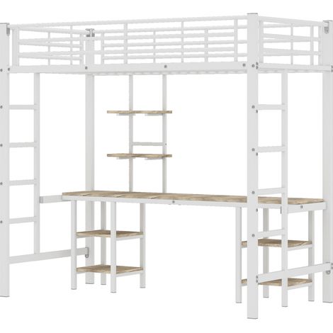 Letto a soppalco in metallo e MDF con scrivania e ripiani bianco 90 x 200 cm MODENUIT (1/5)