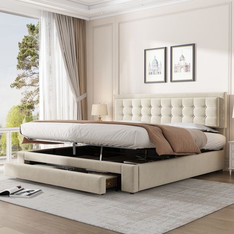 Seyakany - Lit 180 x 200 cm avec rangement et tête de lit ajustable, Lit coffre avec hydraulique - 3 pieds métalliques stables - velours - Beige (1/5)