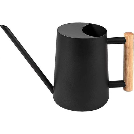 Arrosoir noir de petite taille, en acier inoxydable, avec long bec et poignée en bois, idéal pour les plantes d'intérieur et d'extérieur. Convient également pour le jardinage. (1/5)