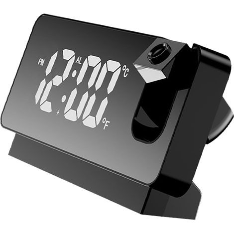 Digital mirror alarm clock with projection and temperature display, large LED screen, USB function, black case and white light. (1/5)
