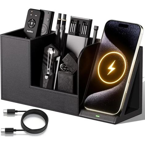 Organiseur de bureau avec chargeur sans fil rapide 15 W, porte-stylo en cuir et rangement pour fournitures de bureau (1/5)