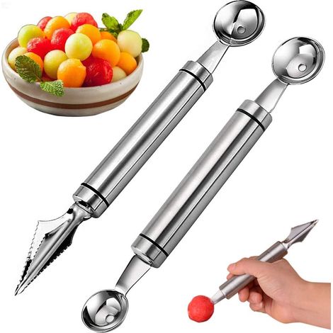 Lot de deux outils de sculpture sphérique pour fruits en acier inoxydable accessoire pour salades et préparations DIY (1/5)