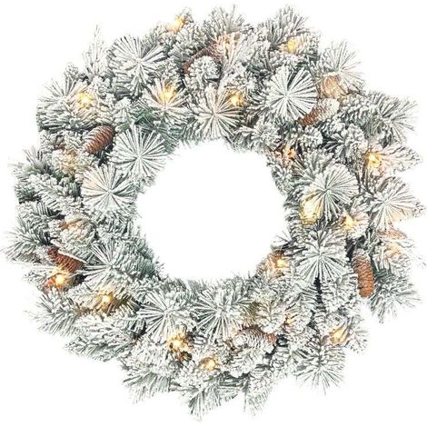 60 cm großer, beleuchteter Weihnachtskranz mit 35 warmweißen LEDs, Timer, 98 Zweigen, Tannenzapfen, grün und weiß (1/5)