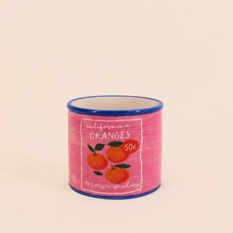 Cache-pot fruits en céramique rose liseret bleu 11x13cm (1/5)