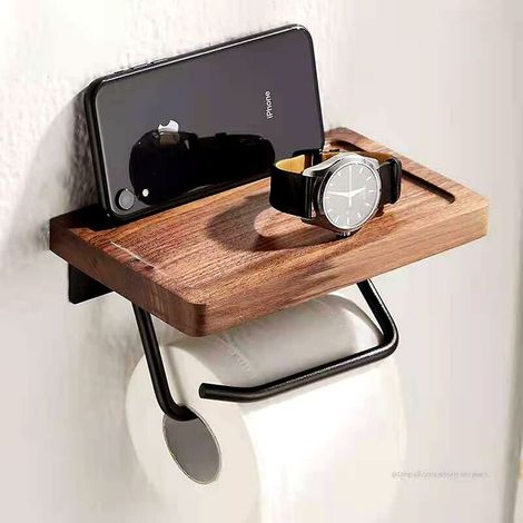 Toilet Paper Holder With Black Walnut Shelf For Bathroomwall Mounted Toilet Paper Tissue Holder