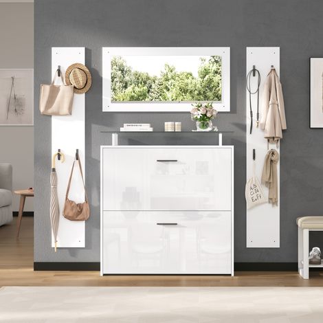 Conjunto completo de muebles de recibidor de 4 piezas, recibidor compacto para pasillo con zapatero, espejo y 8 ganchos, estilo escandinavo, Blanco (1/5)