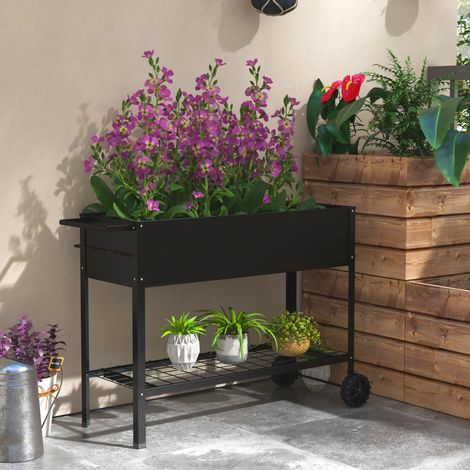 Jardinière sur pieds potager dim insert d'irrigation métal noir étagère 2 roues + 109l x 39l x 80h cm conception robuste