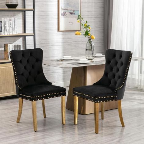 Chaise de salle à manger - KOMHTOM - Lot de 2 - Velours noir - Dossier haut - Bois massif & acier inox doré (1/5)