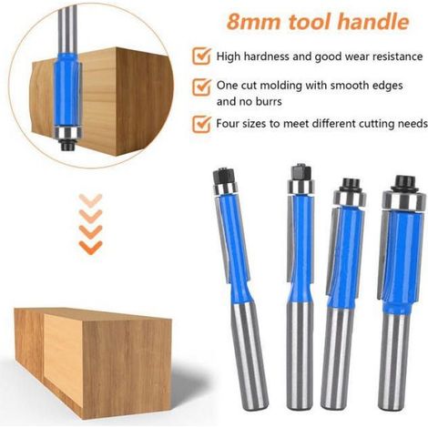 4 Pcs Set Fraise Defonceuse 8mm Tige, Fraise à Copier Bois, Fraises pour Défonceuses avec Roulement, Fraise Affleurer Menuiserie B (1/5)