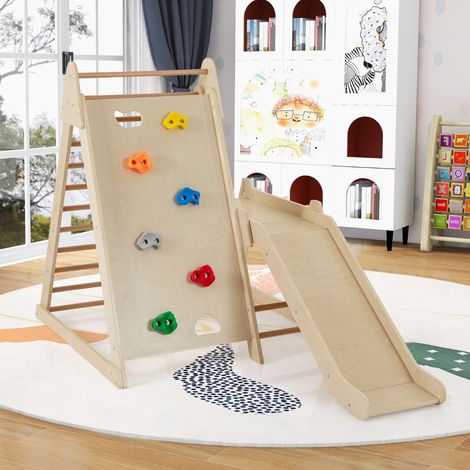 Structure d'Escalade 3 en 1 Aire de Jeux Intérieure pour Tout-Petits avec Toboggan Prolongé Escalade de Rochers pour 3+ Ans Naturel (1/2)