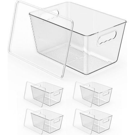 Lot de 4 Organisateur Frigo avec Couvercle Boîtes de Rangement Cuisine Transparentes & Empilables Bacs en Plastique sans BPA pour Réfrigérateur, Placard, Garde manger et Salle de Bain (1/5)