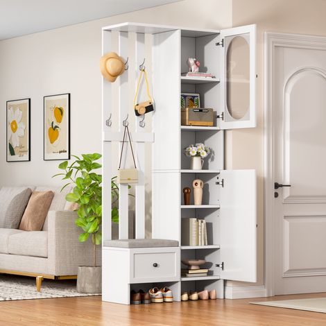 Mueble de recibidor 85x33.5x200 cm, perchero con armario compacto, 2 armarios, banco zapatero con cojín, mueble de almacenaje de cristal templado - Blanco (1/5)