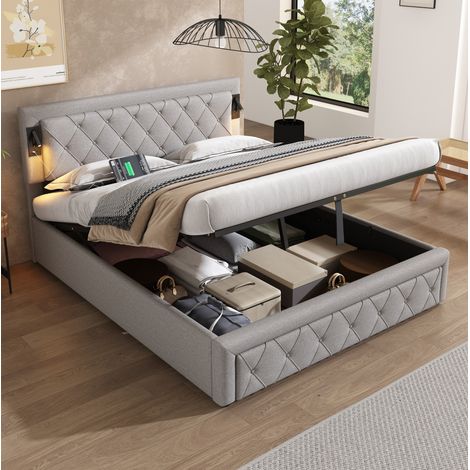 Letto contenitore 160x200 cm in lino grigio con LED e USB FloraGrace (1/5)