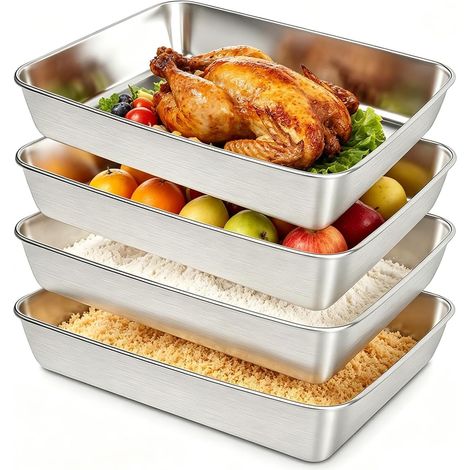 Set de 5 Bac de Plat Four INOX Rectangulaire 25 x 20 x 5 cm, pour Escalopes Empilables, Durable et Facile à Nettoyer, pour Adapté aux Fours Réfrigérateurs Cuisine, Viande, Poisson (1/5)