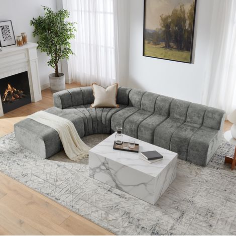 Canapé d’angle modulaire 4 places en chenille gris, modules combinables, REDOM (1/5)