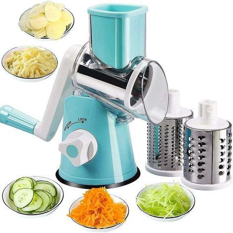 Grattugia a mano per verdure, grattugia a tamburo multifunzione con 3 lame in acciaio inox (blu) (1/4)