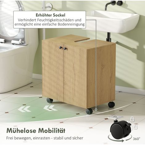 Meuble sous vasque salle de bain avec étagères 3 niveaux, roulettes, bois, rangement mobile, armoire lavabo pratique, finition robuste, design moderne. (1/5)