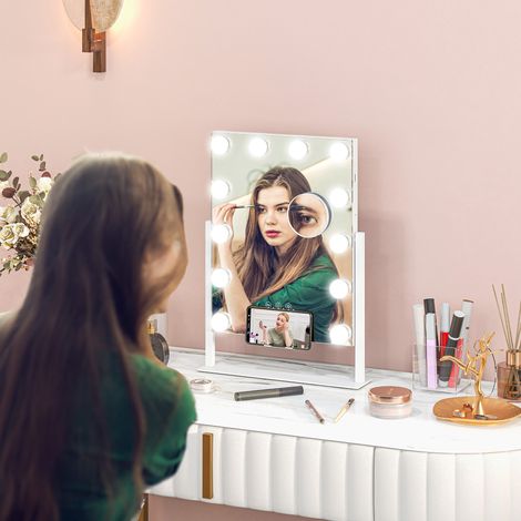 Miroir Hollywood avec LED 12 ampoules, luminosité réglable, rotation à 360°, grossissement 10X, blanc, touche tactile