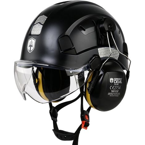 Work Protective Helmet with Clear Visor and Hearing Protection - Adjustable ABS Safety Helmet - Ventilated Safety Helmet with Industrial Helmet in 397 (Black) (1/5)