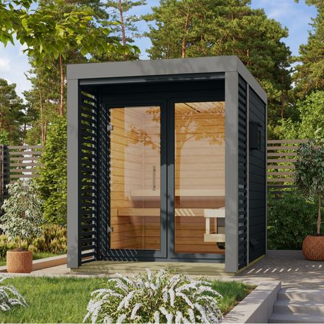 Sauna Exterieur 2-4 Places Epicea Nordique 5.3m2 Terrasse Plancher Karibu Ares 1 Anthracite (1/5)