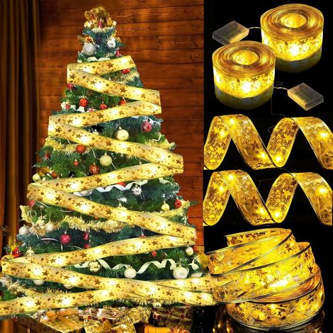 Pack Christmas Fairy Tale Lights Ribbon Lights, 30 Feet 80LED Christmas Ornament Battery Curtain Lights Gold (1/5)